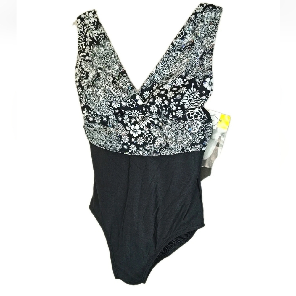 Longitude Surplice Swimsuit Sz Med/10 Black White Bling Floral Resort Cruise Nwt